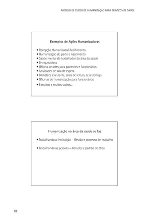 Modelo de Curso de Humanização para Serviços de Saúde

Exemplos de Ações Humanizadoras
• Recepção Humanizada/ Acolhimento
• Humanização do parto e nascimento
• Saúde mental do trabalhador da área da saúde
• Brinquedoteca
• Oficina de artes para pacientes e funcionários
• Atividades de sala de espera
• Biblioteca circulante, salas de leitura, Leia Comigo
• Oficinas de humanização para funcionários
• E muitos e muitos outros...

Humanização na área da saúde se faz
• Trabalhando a Instituição – Gestão e processo de trabalho
• Trabalhando as pessoas – Atitudes e padrão de ética

82

 