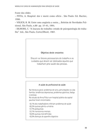 Modelo de Curso de Humanização para Serviços de Saúde

Fonte dos slides
- Pitta, A. Hospital: dor e morte como ofício . São Paulo: Ed. Hucitec,
1990.
- Volich, R. M. Entre uma angústia a outra..., Boletim de Novidades Pulsional, São Paulo, n.80 pp. 37-45, 1995.
- Dejours, C. “A loucura do trabalho: estudo de psicopatologia do trabalho” 2ed., São Paulo, Cortez/Oboré, 1987.

Objetivo deste encontro
Discutir os fatores psicossociais do trabalho e os
cuidados que devem ser dedicados àqueles que
trabalham pela saúde das pessoas.

A saúde do profissional da saúde
Na literatura geral: problemas de sono, perturbações na vida
familiar, tendências depressivas, problemas gástricos, fadiga
e estresse.
No estudo da Anna Pitta num hospital público da capital
paulista foram encontrados:
42,1% dos trabalhadores referiam problemas de saúde
60,2% queixas gênito-urinárias
57,7% poliqueixas
53,1% transtornos mentais
50,0% queixas mal definidas
42,0% doenças do aparelho digestivo

89

 