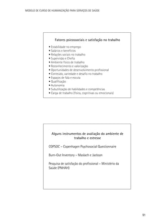 Modelo de Curso de Humanização para Serviços de Saúde

Fatores psicossociais e satisfação no trabalho
• Estabilidade no emprego
• Salários e benefícios
• Relações sociais no trabalho
• Supervisão e Chefia
• Ambiente físico de trabalho
• Reconhecimento e valorização
• Oportunidades de desenvolvimento profissional
• Conteúdo, variedade e desafio no trabalho
• Espaços de fala e escuta
• Qualificação
• Autonomia
• Subutilização de habilidades e competências
• Carga de trabalho (física, cognitivas ou emocionais)

Alguns instrumentos de avaliação do ambiente de
trabalho e estresse
COPSOC – Copenhagen Psychosocial Questionnaire
Burn-Out Inventory – Maslach e Jackson
Pesquisa de satisfação do profissional – Ministério da
Saúde (PNHAH)

91

 