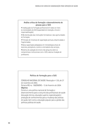 Modelo de Curso de Humanização para Serviços de Saúde

Análise crítica da formação e desenvolvimento de
pessoas para o SUS
• Inadequação da formação profissional em todos os níveis
às necessidades do SUS (capacidade de resolução, vínculo e
responsabilização);
• Má distribuição das instituições formadoras e das oportunidades
de formação;
• Profusão de iniciativas de capacitação pontuais, desarticuladas e
fragmentadas;
• Baixa capacitação pedagógica em metodologias ativas de
docentes, preceptores, tutores e orientadores dos serviços;
•Sistema de avaliação do ensino não pergunta sobre os
compromissos institucionais com o SUS, valoriza titulação de
professores.

Política de formação para o SUS
CONSELHO NACIONAL DE SAÚDE: Resolução nº 335, de 27
de novembro de 2003.
Portaria MS no 198/GM/MS - 13 de fevereiro de 2004.
Objetivo
Construir uma política nacional de formação e
desenvolvimento para o conjunto dos profissionais de saúde
(educação técnica, educação superior, especialização) e
produção de conhecimentos para a mudança das práticas
de saúde, bem como a educação popular para a gestão das
políticas públicas de saúde.

94

 