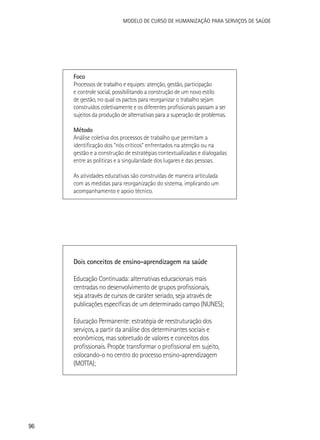 Modelo de Curso de Humanização para Serviços de Saúde

Foco
Processos de trabalho e equipes: atenção, gestão, participação
e controle social, possibilitando a construção de um novo estilo
de gestão, no qual os pactos para reorganizar o trabalho sejam
construídos coletivamente e os diferentes profissionais passam a ser
sujeitos da produção de alternativas para a superação de problemas.
Método
Análise coletiva dos processos de trabalho que permitam a
identificação dos “nós críticos” enfrentados na atenção ou na
gestão e a construção de estratégias contextualizadas e dialogadas
entre as políticas e a singularidade dos lugares e das pessoas.
As atividades educativas são construídas de maneira articulada
com as medidas para reorganização do sistema, implicando um
acompanhamento e apoio técnico.

Dois conceitos de ensino-aprendizagem na saúde
Educação Continuada: alternativas educacionais mais
centradas no desenvolvimento de grupos profissionais,
seja através de cursos de caráter seriado, seja através de
publicações específicas de um determinado campo (NUNES);
Educação Permanente: estratégia de reestruturação dos
serviços, a partir da análise dos determinantes sociais e
econômicos, mas sobretudo de valores e conceitos dos
profissionais. Propõe transformar o profissional em sujeito,
colocando-o no centro do processo ensino-aprendizagem
(MOTTA);

96

 