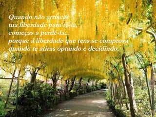 VISITE para mensagens gratuitas
PowerPointSemanal
Quando não arriscas
tua liberdade para tê-la,
começas a perdê-la...
porque a liberdade que tens se comprova
quando te atiras optando e decidindo.
 