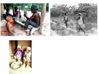 Acima kalungas moendo a mandioca para fazer
farinha.
Mulheres Kalunga transportando a lenha
para os fogões e para fogueiras de
aquecimento em épocas frias do ano.
Irmãs Juliana e Daniela (comunidade Engenho) fiando o algodão
com o fuso.
 