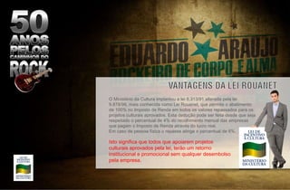 O Ministério da Cultura implantou a lei 8.313/91 alterada pela lei 9.878/98, mais conhecida como Lei Rouanet, que permite o abatimento de 100% no Imposto de Renda em todos os valores repassados para os projetos culturais aprovados. Esta dedução pode ser feita desde que seja respeitado o percentual de 4% do recolhimento mensal das empresas que pagam o Imposto de Renda através do lucro real. Em caso de pessoa física o repasse atinge o percentual de 6%. Isto significa que todos que apoiarem projetos culturais aprovados pela lei, terão um retorno institucional e promocional sem qualquer desembolso pela empresa. 