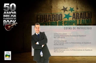 COTA EXCLUSIVE Empresa Patrocinadora Exclusiva do Espetáculo R$ 1.333.100,00 COTAS SUPREME Duas Empresas como Co-Patrocinadoras do Espetáculo R$ 666.550,00 COTAS ESPECIALE Quatro Empresas como Co-Patrocinadoras do Espetáculo R$ 333.275,00 