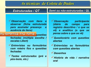 As técnicas de Coleta de Dados
               As técnicas de Coleta de Dados
        Estruturadas / QT               Semi ou não-estruturadas / QL


     Observação     com itens a         Observação         participante
      observar (ficha estruturada         (diário   de    campo      para
      para assinalar presença e           registro descritivo / o que se
      ausência de itens)                  vê) e analítico (o que se
                                          pensa sobre o que se vê)
Profa. Dra. Elizabeth Te
Profa. Dra. Elizabeth Te
     Questionário    com   questões
      fechadas (múltipla    escolha /    Questionário   com questões
      escalas Likert)                     abertas
     Entrevistas  ou    formulários     Entrevistas ou formulários
      com roteiro fixo   e questões       com questões abertas
      fechadas
                                         Desenhos
     Testes   estruturados (pré e
                                         História de   vida / narrativa
      pós-teste, etc.)
                                          oral
 