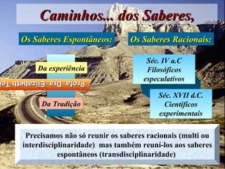 Caminhos... dos Saberes,
     Os Saberes Espontâneos:         Os Saberes Racionais:

                                          Séc. IV a.C
          Da experiência                  Filosóficos
Profa. Dra. Elizabeth Te
Profa. Dra. Elizabeth Te                 especulativos
           Da intuição
                                              Séc. XVII d.C.
           Da Tradição                         Científicos
                                              experimentais

       Precisamos não só reunir os saberes racionais (multi ou
      interdisciplinaridade) mas também reuní-los aos saberes
                 espontâneos (transdisciplinaridade)
 