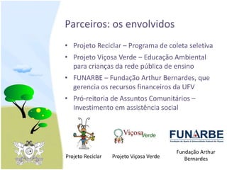 Parceiros: os envolvidos
• Projeto Reciclar – Programa de coleta seletiva
• Projeto Viçosa Verde – Educação Ambiental
para crianças da rede pública de ensino
• FUNARBE – Fundação Arthur Bernardes, que
gerencia os recursos financeiros da UFV
• Pró-reitoria de Assuntos Comunitários –
Investimento em assistência social
Fundação Arthur
BernardesProjeto Viçosa VerdeProjeto Reciclar
 