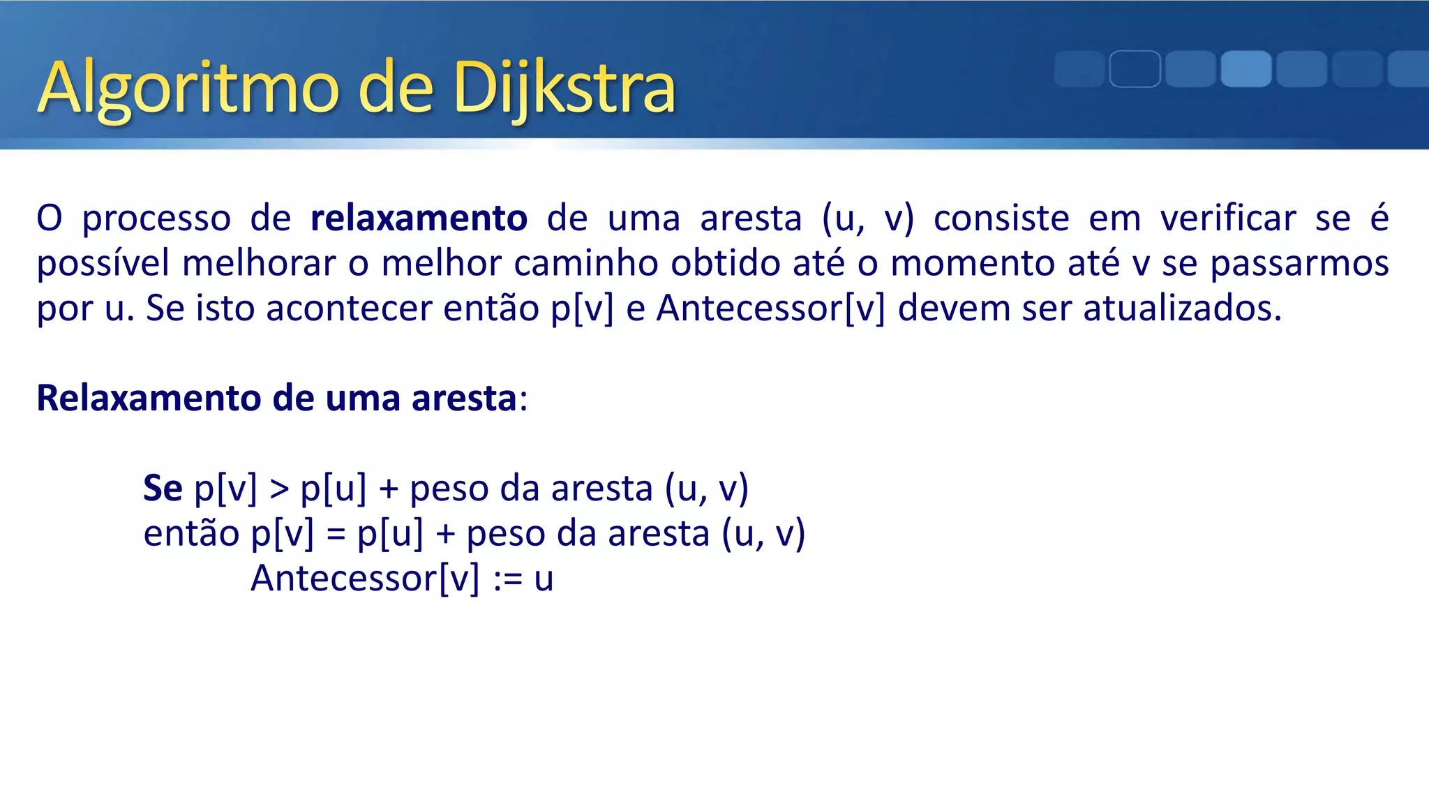 O processo de relaxamento de uma aresta (u, v) consiste em verificar se é
possível melhorar o melhor caminho obtido até o momento até v se passarmos
por u. Se isto acontecer então p[v] e Antecessor[v] devem ser atualizados.
Relaxamento de uma aresta:
Se p[v] > p[u] + peso da aresta (u, v)
então p[v] = p[u] + peso da aresta (u, v)
Antecessor[v] := u
 