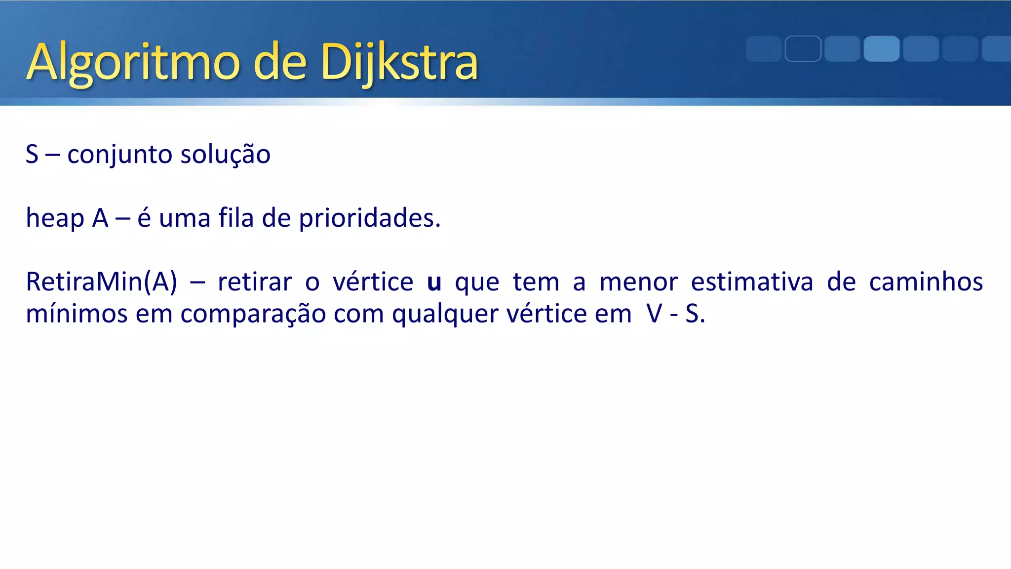 S – conjunto solução
heap A – é uma fila de prioridades.
RetiraMin(A) – retirar o vértice u que tem a menor estimativa de caminhos
mínimos em comparação com qualquer vértice em V - S.
 