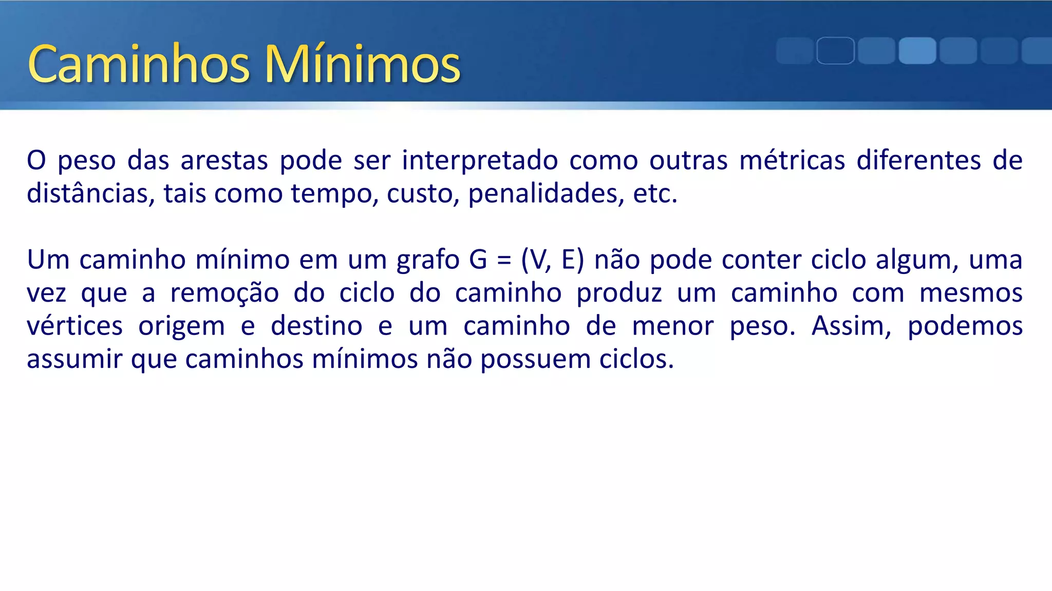 O peso das arestas pode ser interpretado como outras métricas diferentes de
distâncias, tais como tempo, custo, penalidades, etc.
Um caminho mínimo em um grafo G = (V, E) não pode conter ciclo algum, uma
vez que a remoção do ciclo do caminho produz um caminho com mesmos
vértices origem e destino e um caminho de menor peso. Assim, podemos
assumir que caminhos mínimos não possuem ciclos.
 