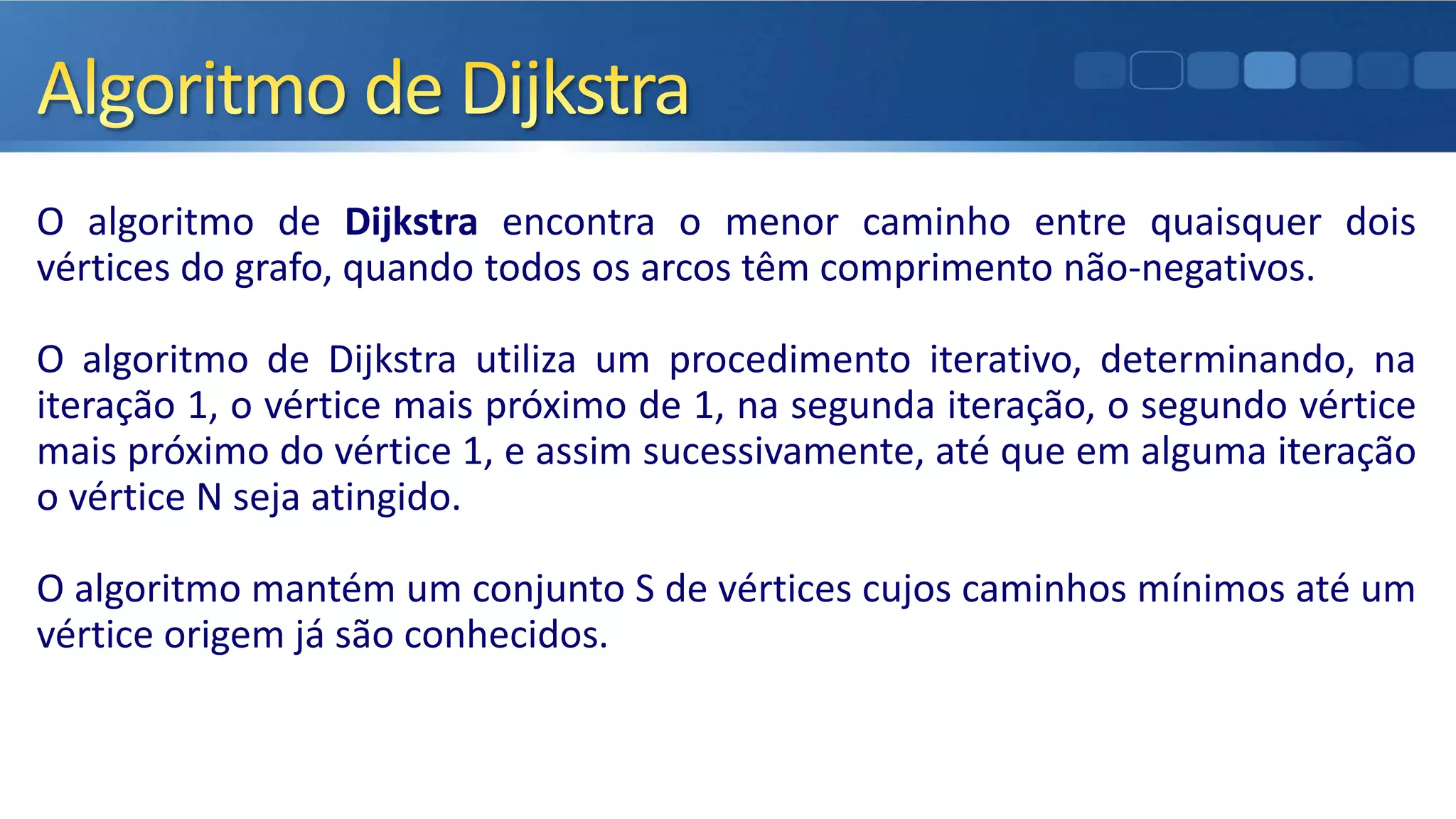 O algoritmo de Dijkstra encontra o menor caminho entre quaisquer dois
vértices do grafo, quando todos os arcos têm comprimento não-negativos.
O algoritmo de Dijkstra utiliza um procedimento iterativo, determinando, na
iteração 1, o vértice mais próximo de 1, na segunda iteração, o segundo vértice
mais próximo do vértice 1, e assim sucessivamente, até que em alguma iteração
o vértice N seja atingido.
O algoritmo mantém um conjunto S de vértices cujos caminhos mínimos até um
vértice origem já são conhecidos.
 