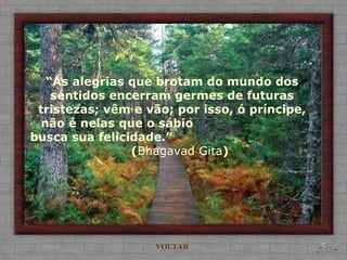 “ As alegrias que brotam do mundo dos sentidos encerram germes de futuras tristezas; vêm e vão; por isso, ó príncipe, não é nelas que o sábio  busca sua felicidade.”  ( Bhagavad Gita ) VOLTAR 