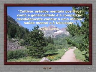 “Cultivar estados mentais positivos
como a generosidade e a compaixão
decididamente conduz a uma melhor
saúde mental e à felicidade”
Dalai Lama
VOLTAR
 