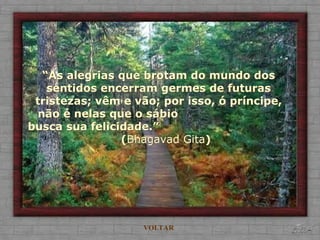 “As alegrias que brotam do mundo dos
sentidos encerram germes de futuras
tristezas; vêm e vão; por isso, ó príncipe,
não é nelas que o sábio
busca sua felicidade.”
(Bhagavad Gita)
VOLTAR
 
