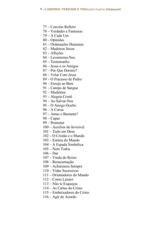 7 – CAMINHO, VERDADE E VIDA (pelo Espírito Emmanuel) 




 77 – Convém Refletir 
 78 – Verdades e Fantasias 
 79 – A Cada Um 
 80 – Opiniões 
 81 – Ordenações Humanas 
 82 – Madeiros Secos 
 83 – Aflições 
 84 – Levantemo­Nos 
 85 – Testemunho 
 86 – Jesus e os Amigos 
 87 – Por Que Dormis? 
 88 – Velar Com Jesus 
 89 – O Fracasso de Pedro 
 90 – Ensejo ao Bem 
 91 – Campo de Sangue 
 92 – Madalena 
 93 – Alegria Cristã 
 94 – Ao Salvar­Nos 
 95 – O Amigo Oculto 
 96 – A Coroa 
 97 – Amas o Bastante? 
 98 – Capas 
 99 – Prometer 
 100 – Auxílios do Invisível 
 101 – Tudo em Deus 
 102 – O Cristão e o Mundo 
 103 – Estima do Mundo 
 104 – A Espada Simbólica 
 105 – Nem Todos 
 106 – Dar 
 107 – Vinda do Reino 
 108 – Reencarnação 
 109 – Acharemos Sempre 
 110 – Vidas Sucessivas 
 111 – Orientadores do Mundo 
 112 – Como Lázaro 
 113 – Não te Esqueças 
 114 – As Cartas do Cristo 
 115 – Embaixadores do Cristo 
 116 – Agir de Acordo
 