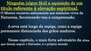 Ninguém julgue fácil a aquisição de um
título referente à elevação espiritual.
O Mestre recorreu sabiamente aos símbolos vivos da
Natureza, favorecendo-nos a compreensão.
A erva está longe da espiga, como a espiga
permanece distanciada dos grãos maduros.
Nesse capítulo, o mais forte adversário da alma
que deseja seguir o Salvador, é o próprio mundo.
 