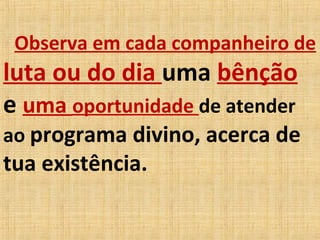 Observa em cada companheiro de
luta ou do dia uma bênção
e uma oportunidade de atender
ao programa divino, acerca de
tua existência.
 