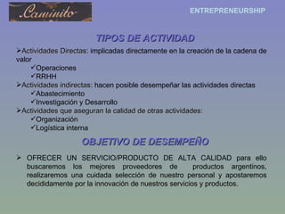 TIPOS DE ACTIVIDAD Actividades Directas : implicadas directamente en la creación de la cadena de valor Operaciones RRHH Actividades indirectas : hacen posible desempeñar las actividades directas Abastecimiento Investigación y Desarrollo Actividades que aseguran la calidad de otras actividades: Organización Logística interna OBJETIVO DE DESEMPEÑO OFRECER UN SERVICIO/PRODUCTO DE ALTA CALIDAD para ello buscaremos los mejores proveedores de  productos argentinos, realizaremos una cuidada selección de nuestro personal y apostaremos decididamente por la innovación de nuestros servicios y productos. 