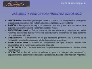 VALORES Y PRINCIPIOS: NUESTRA IDEOLOGÍA INTEGRIDAD  – Nos distinguimos por hacer lo correcto con transparencia para ganar la confianza de quienes nos rodean, clientes, empleados y proveedores PASIÓN  – Entregamos lo mejor de nosotros cada día y en cada momento para superar cualquier obstáculo y alcanzar nuestras metas PROFESIONALISMO  – Somos capaces de ser eficaces y efectivos en todas nuestras actividades diarias y con una actitud positiva estaremos un paso adelante de nuestra competencia CREATIVIDAD  – Convertirnos en lo que realmente podemos ser, a través de la renovación  constante en nuestra oferta de productos y servicios RESPONSABILIDAD  – Asumir el compromiso de que nuestras metas son alcanzables, es la razón que nos impulsa día a día EXCELENCIA  – En “Caminito” estamos comprometidos con nuestros clientes y con nuestra gente LIDERAZGO  – Ser el centro de referencia, para los “singles” de restauración, esparcimiento y desarrollo de relaciones personales, basado en la tradición Argentina 