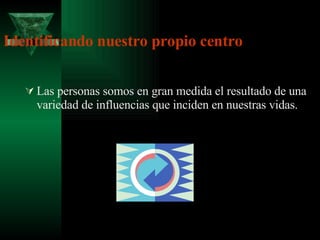 Identificando nuestro propio centro Las personas somos en gran medida el resultado de una variedad de influencias que inciden en nuestras vidas. 