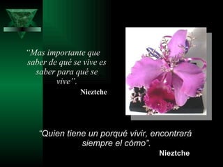 “ Mas importante que saber de qué se vive es saber para qué se vive”. Nieztche “ Quien tiene un porqué vivir, encontrará  siempre el cómo”. Nieztche 
