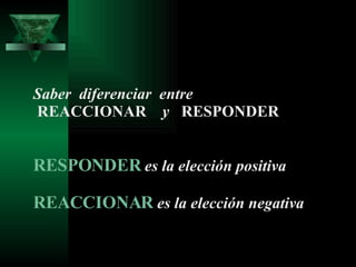 Saber  diferenciar  entre  REACCIONAR  y  RESPONDER RESPONDER   es la elección positiva REACCIONAR   es la elección negativa 