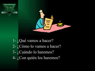 1- ¿Qué vamos a hacer? 2- ¿Cómo lo vamos a hacer? 3- ¿Cuándo lo haremos? 4- ¿Con quién los haremos? 