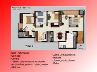 Zona De Lavandería  Balcón 2 alcobas Auxiliares Estar Sala - Chimenea Comedor  Cocina 1 Baño para Alcobas Auxiliares  Alcoba Principal con  baño, vestier y Balcón TIPO A 
