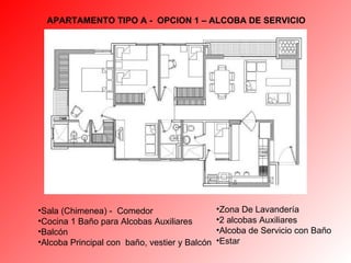APARTAMENTO TIPO A -  OPCION 1 – ALCOBA DE SERVICIO Zona De Lavandería  2 alcobas Auxiliares Alcoba de Servicio con Baño  Estar Sala (Chimenea) -  Comedor  Cocina  1 Baño para Alcobas Auxiliares  Balcón Alcoba Principal con  baño, vestier y Balcón 