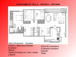 APARTAMENTO TIPO A -  OPCION 2 – ESTUDIO Zona De Lavandería  2 alcobas Auxiliares Estudio  Estar Sala (Chimenea) -  Comedor  Cocina  1 Baño para Alcobas Auxiliares  Balcón Alcoba Principal con  baño, vestier y Balcón 