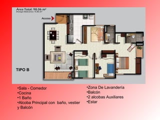 TIPO B Zona De Lavandería  Balcón 2 alcobas Auxiliares Estar Sala - Comedor  Cocina 1 Baño  Alcoba Principal con  baño, vestier y Balcón 