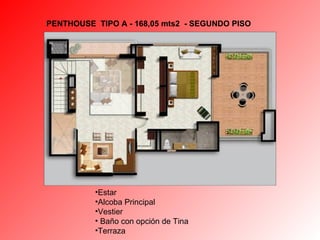 PENTHOUSE  TIPO A - 1 68,05 mts2  - SEGUNDO PISO Estar  Alcoba Principal Vestier  Baño con opción de Tina Terraza 