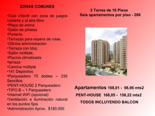 ZONAS COMUNES Club infantil con zona de juegos cubierta y al aire libre Playa de arena  Salón de piñatas Portería Terrazas para espera de rutas,  Oficina administración  Terraza con bbq;  Salón múltiple,  Piscina climatizada  terraza  Cancha múltiple 141 Depósitos Parqueadero 75 dobles – 235 Sencillos PENT-HOUSE 2 Parqueadero TIPO B – 1 Parqueadero Internet WiFi (opcional)  Ventilación e iluminación natural en los puntos fijos Administración Aprox.  $180.000 Apartamentos  108,01 -  98,06 mts2 PENT-HOUSE  168,05 -  156,22 mts2  TODOS INCLUYENDO BALCON 3 Torres de 16 Pisos   Seis apartamentos por piso - 288 