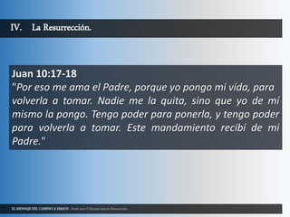 EL MENSAJE DEL CAMINO A EMAUS - Desde Juan El Bautista hasta la Resurrección.
IV. La Resurrección.
Juan 10:17-18
"Por eso me ama el Padre, porque yo pongo mi vida, para
volverla a tomar. Nadie me la quita, sino que yo de mí
mismo la pongo. Tengo poder para ponerla, y tengo poder
para volverla a tomar. Este mandamiento recibí de mi
Padre."
 