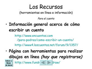 Los Recursos (herramientas en línea e información) Para el cuento Información general acerca de cómo escribir un cuento http:// www.encuentos.com /para-padres/como-escribir-un-cuento/ http://www4.loscuentos.net/forum/9/1357/ Página con herramientas para realizar dibujos en línea  (hay que registrarse) http ://www.fundraw.com/draw/ Volver a  Menú  de Inicio 