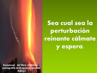 Sea cual sea la
perturbación
reinante cálmate
y espera.
Emmanuel, del libro «Cálmate»,
psicografía de Francisco Cándido
Xavier
 