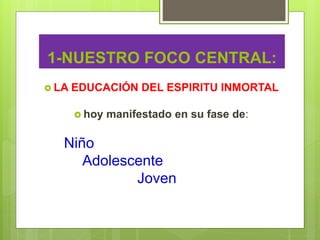 1-NUESTRO FOCO CENTRAL:
 LA EDUCACIÓN DEL ESPIRITU INMORTAL
 hoy manifestado en su fase de:
Niño
Adolescente
Joven
 