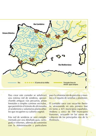 5
Para crear este corredor se señalizará
una extensa red de senderos, aprove-
chando antiguas vías pecuarias, pistas
forestales o simples caminos vecinales,
que permitirán el tránsito de aficionados
al senderismo y voluntarios planta-árbo-
les que recuperen su cubierta vegetal.
Esta red de senderos se verá comple-
mentada por una detallada guía, carto-
grafía e informes, además de convenios
con la Administración y particulares
para la reforestación de parcelas y mon-
tes o el reparto de semillas y plantones.
El corredor nace con vocación iberis-
ta, atravesando en esta primera fase
en torno a 425 municipios españoles,
Andorra y cerca de 100 municipios
franceses, actuando en las zonas de
cabecera de los principales ríos de la
Península.
Mar Cantábrico
Océano Atlántico
Mar Mediterráneo
Ríos El Camino de las Ardillas Principales líneas de
división aguas europeas
 