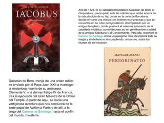 Galcerán de Born, monje de una orden militar, es enviado por el Papa Juan XXII a investigar la misteriosa muerte de su antecesor, Clemente V, y la del rey Felipe IV de Francia, tras la ejecución del Gran Maestre de la Orden del Temple. A partir de aquí, se inicia una vertiginosa aventura que nos conducirá de la sede papal de Aviñón a París y de allí, a lo largo del  Camino de Santiago,  hasta el confín del mundo, Finisterre. Año de 1324. El ex caballero hospitalario Galcerán de Born, el  Perquisitore , preocupado ante las noticias que recibe acerca de la vida disoluta de su hijo Jonás en la corte de Barcelona, decide enviarle una misiva con órdenes muy precisas y que se convertirá en su  Liber peregrinationis . Acompañado por un antiguo templario, Jonás prestará el solemne juramento de la caballería iniciática, convirtiéndose así en gentilhombre y adalid de la antigua Sabiduría y el Conocimiento. Para ello, recorrerá el  Camino de Santiago  como un peregrino más, descubrirá toda su magia y simbolismo e irá cumpliendo, uno a uno, todos los rituales de su iniciación. 