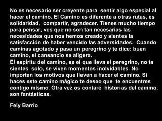 No es necesario ser creyente para sentir algo especial al
hacer el camino. El Camino es diferente a otras rutas, es
solidaridad, compartir, agradecer. Tienes mucho tiempo
para pensar, ves que no son tan necesarias las
necesidades que nos hemos creado y sientes la
satisfacción de haber vencido las adversidades. Cuando
caminas agotado y pasa un peregrino y te dice: buen
camino, el cansancio se aligera.
El espíritu del camino, es el que lleva el peregrino, no te
sientes solo, se viven momentos inolvidables. No
importan los motivos que lleven a hacer el camino. Si
haces este camino mágico te deseo que te encuentres
contigo mismo. Otra vez os contaré historias del camino,
son fantásticas,

Fely Barrio
 