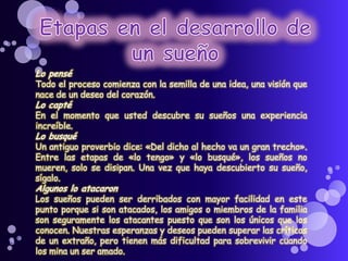 Lo pensé
Todo el proceso comienza con la semilla de una idea, una visión que
nace de un deseo del corazón.
Lo capté
En el momento que usted descubre su sueños una experiencia
increíble.
Lo busqué
Un antiguo proverbio dice: «Del dicho al hecho va un gran trecho».
Entre las etapas de «lo tengo» y «lo busqué», los sueños no
mueren, solo se disipan. Una vez que haya descubierto su sueño,
sígalo.
Algunos lo atacaron
Los sueños pueden ser derribados con mayor facilidad en este
punto porque si son atacados, los amigos o miembros de la familia
son seguramente los atacantes puesto que son los únicos que los
conocen. Nuestras esperanzas y deseos pueden superar las críticas
de un extraño, pero tienen más dificultad para sobrevivir cuando
los mina un ser amado.
 
