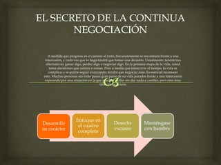 A medida que progresa en el camino al éxito, frecuentemente se encontrará frente a una
intercesión, y cada vez que lo haga tendrá que tomar una decisión. Usualmente, tendrá tres
alternativas: ganar algo, perder algo o negociar algo. En la primera etapa de la vida, usted
toma decisiones que suman o restan. Pero a media que transcurre el tiempo, la vida se
complica, y si quiere seguir avanzando, tendrá que negociar más. Es esencial reconocer
esto. Muchas personas sin éxito pasan gran parte de su vida parados frente a una intercesión
esperando por una situación en la que puedan recibir sin dar nada a cambio, pero esto muy
raras veces ocurre.
Desarrolle
su carácter
Enfoque en
el cuadro
completo
Deseche
excusas
Manténgase
con hambre
 