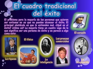 El problema para la mayoría de las personas que quieren
ser exitosas no es que no puedan alcanzar el éxito. El
principal obstáculo es que lo entienden mal. ¿Qué es el
éxito? ¿Cómo es? La mayoría tiene un cuadro vago de lo
que significa ser una persona de éxito y se parece a algo
como esto:
La riqueza
El físico
La
inteligencia
Las proezas
comerciales
La
imaginación
El corazón
 