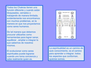 Todos los Chakras tienen una función diferente y cuando están bloqueados, cerrados o trabajando de manera limitada, evidentemente nos encontramos con muchos problemas, en la manera en que nos proyectamos como seres humanos. De tal manera que debemos procurar utilizarlos como herramientas para lograr sanar, equilibrar , ampliar e integrar lo que sabemos de nosotros mismos. El evolucionar como seres espirituales puede lograrse cuando uno toma conciencia y sabe realmente quien es. La espiritualidad es un camino de auto conocimiento, es el camino para aprender a integrar, todos los aspectos que conforman, quienes somos. 