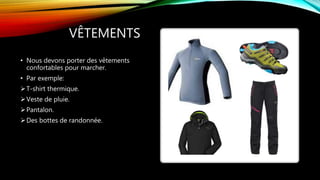VÊTEMENTS
• Nous devons porter des vêtements
confortables pour marcher.
• Par exemple:
T-shirt thermique.
Veste de pluie.
Pantalon.
Des bottes de randonnée.
 