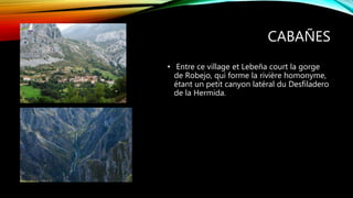 CABAÑES
• Entre ce village et Lebeña court la gorge
de Robejo, qui forme la rivière homonyme,
étant un petit canyon latéral du Desfiladero
de la Hermida.
 
