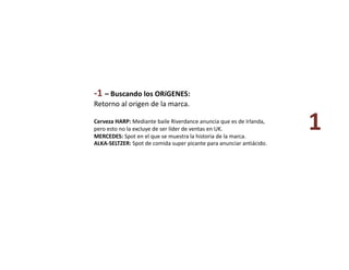 ‐1 – Buscando los ORíGENES: 
Retorno al origen de la marca. 
Cerveza HARP: Mediante baile Riverdance anuncia que es de Irlanda, 
pero esto no la excluye de ser líder de ventas en UK. 
MERCEDES: Spot en el que se muestra la historia de la marca. 
ALKA‐SELTZER: Spot de comida super picante para anunciar antiácido. 
1 
 