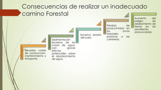 Consecuencias de realizar un inadecuado
camino Forestal
Elevados costes
de construcción,
mantenimiento y
transporte.
Sedimentación
excesiva de los
cursos de agua,
con graves
efectos
potenciales sobre
el abastecimiento
de agua.
Excesiva erosión
del suelo
Pérdida de
productividad en
las zonas
forestales
próximas a las
carreteras
Aumento del
peligro de
deslizamiento de
tierras en las
pendientes
pronunciadas
 