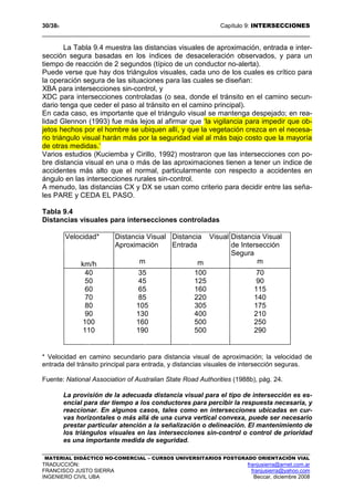 30/389 Capítulo 9: INTERSECCIONES
MATERIAL DIDÁCTICO NO-COMERCIAL – CURSOS UNIVERSITARIOS POSTGRADO ORIENTACIÓN VIAL
TRADUCCIÓN: franjusierra@arnet.com.ar
FRANCISCO JUSTO SIERRA franjusierra@yahoo.com
INGENIERO CIVIL UBA Beccar, diciembre 2008
La Tabla 9.4 muestra las distancias visuales de aproximación, entrada e inter-
sección segura basadas en los índices de desaceleración observados, y para un
tiempo de reacción de 2 segundos (típico de un conductor no-alerta).
Puede verse que hay dos triángulos visuales, cada uno de los cuales es crítico para
la operación segura de las situaciones para las cuales se diseñan:
XBA para intersecciones sin-control, y
XDC para intersecciones controladas (o sea, donde el tránsito en el camino secun-
dario tenga que ceder el paso al tránsito en el camino principal).
En cada caso, es importante que el triángulo visual se mantenga despejado; en rea-
lidad Glennon (1993) fue más lejos al afirmar que ‘la vigilancia para impedir que ob-
jetos hechos por el hombre se ubiquen allí, y que la vegetación crezca en el necesa-
rio triángulo visual harán más por la seguridad vial al más bajo costo que la mayoría
de otras medidas.’
Varios estudios (Kuciemba y Cirillo, 1992) mostraron que las intersecciones con po-
bre distancia visual en una o más de las aproximaciones tienen a tener un índice de
accidentes más alto que el normal, particularmente con respecto a accidentes en
ángulo en las intersecciones rurales sin-control.
A menudo, las distancias CX y DX se usan como criterio para decidir entre las seña-
les PARE y CEDA EL PASO.
Tabla 9.4
Distancias visuales para intersecciones controladas
Velocidad* Distancia Visual
Entrada
km/h
Distancia Visual
Aproximación
m m
Distancia Visual
de Intersección
Segura
m
40
50
60
70
80
90
100
110
35
45
65
85
105
130
160
190
100
125
160
220
305
400
500
500
70
90
115
140
175
210
250
290
* Velocidad en camino secundario para distancia visual de aproximación; la velocidad de
entrada del tránsito principal para entrada, y distancias visuales de intersección seguras.
Fuente: National Association of Australian State Road Authorities (1988b), pág. 24.
La provisión de la adecuada distancia visual para el tipo de intersección es es-
encial para dar tiempo a los conductores para percibir la respuesta necesaria, y
reaccionar. En algunos casos, tales como en intersecciones ubicadas en cur-
vas horizontales o más allá de una curva vertical convexa, puede ser necesario
prestar particular atención a la señalización o delineación. El mantenimiento de
los triángulos visuales en las intersecciones sin-control o control de prioridad
es una importante medida de seguridad.
 